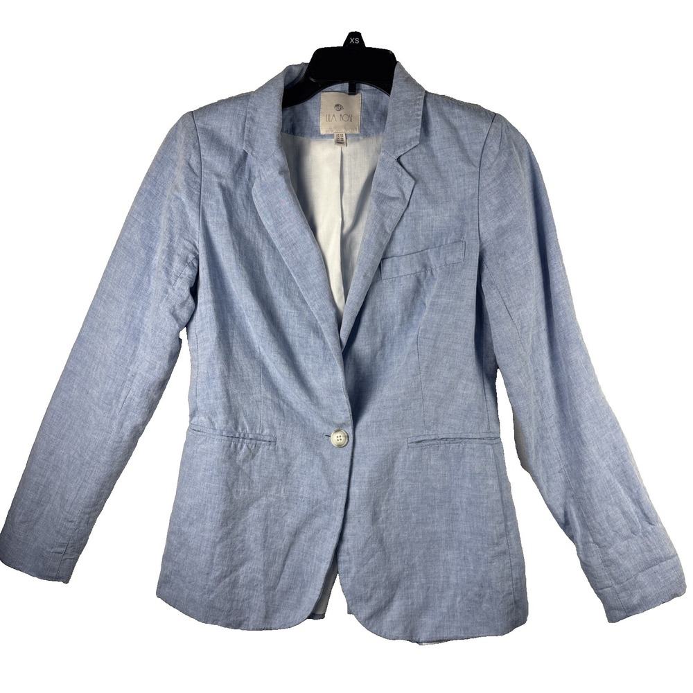 LILA‎ ROSE Women's Blazer Jacket XS Blue Washed Button Shoulder Pads Linen Blend